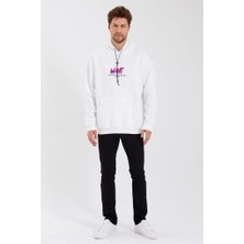 Erkek 3 Iplik Pamuklu Kapüşonlu Baskılı Cepli Oversize Sweatshirt Hoodie - Beyaz
