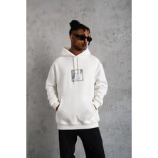 Erkek 3 Iplik Pamuklu Kapüşonlu Baskılı Cepli Oversize Sweatshirt Hoodie - Beyaz