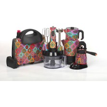 Queen Morocco 4'lü Çeyiz Seti Renkli Desenli Paslanmaz Çelik Tost Makinesi Blender Çay Makinesi