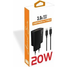 Daisy Store 20 Watt USB + Type-C Çıkışlı Hızlı Şarj Başlık Adaptör + 1m 3A Type-C To Lightning ile Uyumlu Kablo (Yerli Üretim) Kdr-42 Siyah (20W+ ile Uyumlu Kablo)