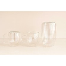 Daisy Store Çift Cidarlı Cam Kupa Ev Ofis Fincanı Isı Yalıtımlı Kulplu Cam Bardak (3'lü My Coffee Set)