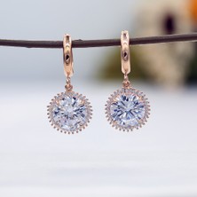 TB Takı Boom Zirkon Taşlı Kadın Küpe, Sallantılı Kadın Küpe, Büyük Tektaş Küpe, Rose Gold Kaplama