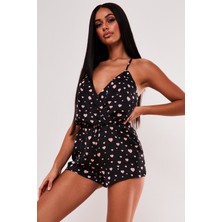 Merry See Kadın Kalp Baskılı Tulum Siyah M 90% Polyester %10 Elastan Şık Tasarım