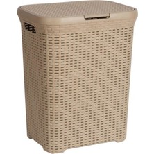 Saban Bej, Plastik Hasır Desenli Kapaklı Çamaşır Sepeti – 55x43x33cm