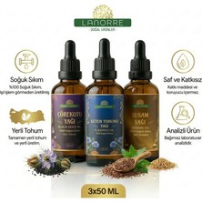 Lanorre Çok Amaçlı %100 Soğuk Sıkım Yağ Seti - Yerli Susam Yağı, Yerli Çörek Otu (Çörekotu) Yağı, Keten Tohumu Yağı (İçilebilir-Gıda-Bakım 3X50 Ml)