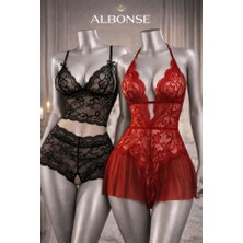 albonse Siyah-Kırmızı Dantel Detaylı Zarif Özel Bölgeleri Açık Fantezi Gecelik Takımı 2 Li Avantajlı Paket
