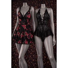 albonse Romantik Koleksiyon Siyah Dantel Fantazi Gecelik ve Çiçek Baskılı Tül Babydoll Kombin Set
