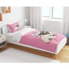 Sarel Group Pembe Buldog Baskılı 3D Tek Kişilik Çarşafsız Nevresim Takımı