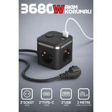 Enshall Yeni 3680W Pro Power 2xtype-C ve 2x USB Girişli Anahtarlı 3lü Çoğaltıcı Küp 2mt Kablolu Priz