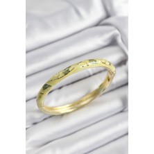 Pileli Store Mineli Pirinç Fıstık Yeşili Yaprak Motifli Gold Renk Kadın Kelepçe