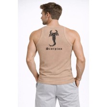 Hobilinka Erkek Fitilli Atlet Sıfır Yaka Slim Fit Arka Baskılı Spor Atlet - Bej