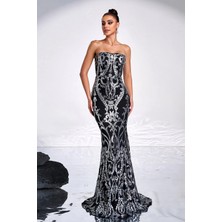 Uzun Kuyruklu Payet Pul Işleme Straples Balık Model Esnek Abiye Nişan Davet Elbise