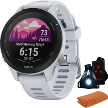 Garmin 010-02641-23 Forerunner 255S Music Gps Akıllı Saat, Whitestone Sche With Workout Soğutma Sport Havlu ve Deco Essentials Wearable Commuter Front And Arka Safety Light