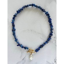 Taşmir Lapis Lazuli Şekilsiz Kolye Gerçek Inci Kolye Uçlu - Altın Kaplama T Kilit