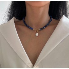 Taşmir Lapis Lazuli Şekilsiz Kolye Gerçek Inci Kolye Uçlu - Altın Kaplama T Kilit