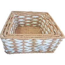 Pileli Store Kare Örgü Desenli Doğal Hasır Sepet Seti - 3'lü