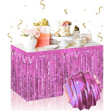 Pileli Store Kendinden Yapışkanlı Pembe Metalize Püsküllü Masa Eteği