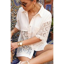 Dantel Geometrik Işleme Transparan Detaylı Yakalı Çıtçıtlı Mevsimlik Ofis Casual Tarz Gömlek