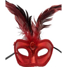 Pileli Store Kırmızı Renk Rugan Kaplama Kırmızı Tüylü Parti Maskesi 18X20 cm