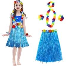 Pileli Store Yetişkin ve Çocuk Uyumlu Hawaii Luau Aloha Mavi Püsküllü Etek Kolye Taç ve 2 Adet Bileklik Set