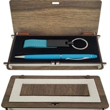 Pileli Store Mavi Kalem ve Anahtarlık Ahşap Kutulu Set