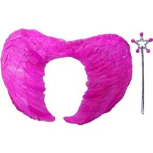 Pileli Store Gerçek Tüylü Katlanabilir Çocuk Pembe Melek Kanadı ve Asa Seti 40X55 cm
