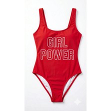 Zi Kırmızı Çok Dar Kalıp Girl Power Baskılı Mayo