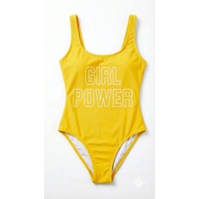 Zi Sarı Dar Kalıp Girl Power Baskılı Mayo