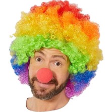 Pileli Store Rengarenk Gökkuşağı Afro Bonus Peruk ve Kırmızı Renk Sünger Burun 120 gr