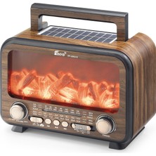 Pileli Store Bluetooth Solar Panelli Fm Radyo USB Tf Nostaljik Hoparlör Alev Efektli 25 x 14.5 x 18 cm - Kahvere