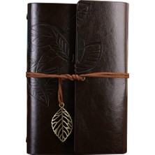 Pileli Store Büyük Yaprak Desenli Deri Defter Koyu Kahverengi