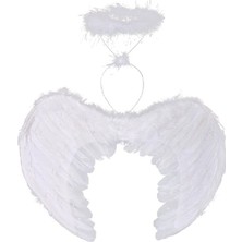 Pileli Store Beyaz Renkli Tüylü Bebek Melek Kanadı ve Tacı 30X45 cm