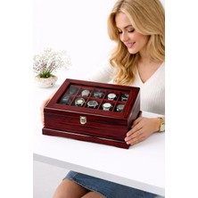 Tekir Store Ahşap 15 Bölmeli Saat Kutusu Dekoratif Kırmızı Eskitme Vip Saat Aksesuar Saklama Kutusu Organizer