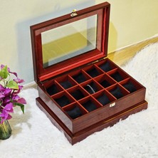 Tekir Store Ahşap 15 Bölmeli Saat Kutusu Dekoratif Kırmızı Eskitme Vip Saat Aksesuar Saklama Kutusu Organizer