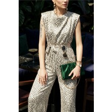 Fashion Cocktail Puantiyeli Zarif Kadın Kolsuz Saten Pantolon Tulum Beyaz