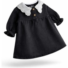 Adc Kız Çocuk Siyah Denim Kot Elbise Dantel Yaka Şık Günlük Elbise