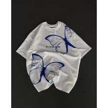 Modaurul Unisex Bisiklet Yaka Baskılı Oversize T-Shirt - Beyaz