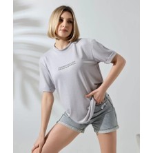 Modaurul Unisex Bisiklet Yaka Baskılı Slim Fit T-Shirt - Boyalı Gri