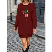 Modaurul Kadın Uzun Kollu Bisiklet Yaka Desenli Kısa Viskon Iki Iplik Elbise