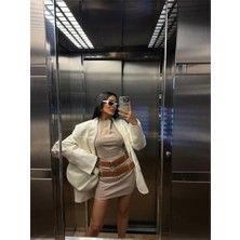 Modaurul Polyviscon Çift Kemer Detaylı Elbise - Bej