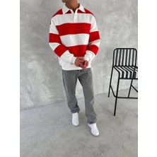 Modaurul Unisex Üç Iplik Parçalı Yakalı Sweatshirt - Kırmızı