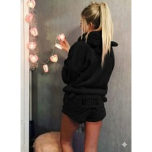 Modaurul Kadın Uzun Kollu Kapşonlu Peluş Bluz ve Kısa Short Ikili Takım