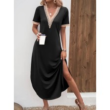 Modaurul Kadın Kısa Kollu Dantel V Yakalı Uzun Viskon Elbise