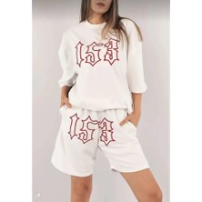 Modaurul Unisex Nakış Işlemeli Şort Takım - Beyaz