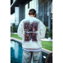 Modaurul Uzun Kol Bisiklet Yaka Ön ve Arka Baskılı Sweatshirt - Beyaz