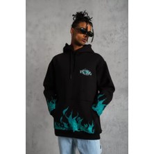 Modaurul Erkek Üç Iplik Içi Pamuklu Alev Baskılı Kapüşonlu Sweatshirt - Siyah