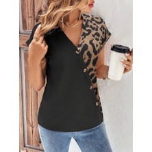 Modaurul Kadın Kısa Kollu V Yakalı Önden Düğmeli Leopar Desen Detaylı Viskon Bluz