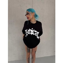 Modaurul Unisex Bisiklet Yaka Baskılı Oversize T-Shirt - Siyah