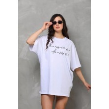 Modaurul Unisex Bisiklet Yaka Baskılı Oversize T-Shirt - Beyaz