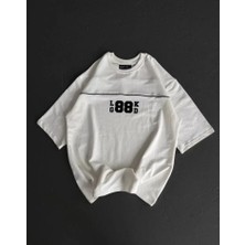 Modaurul Unisex Bisiklet Yaka Baskılı Oversize T-Shirt - Beyaz